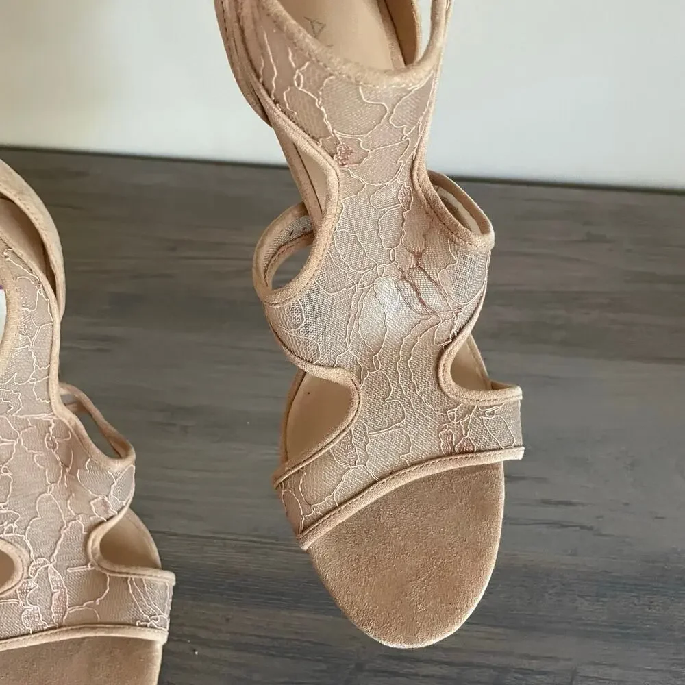 ALDO Womens 8 Nude Lace Mesh Cutout Stiletto Heels Back Zip Sandals
